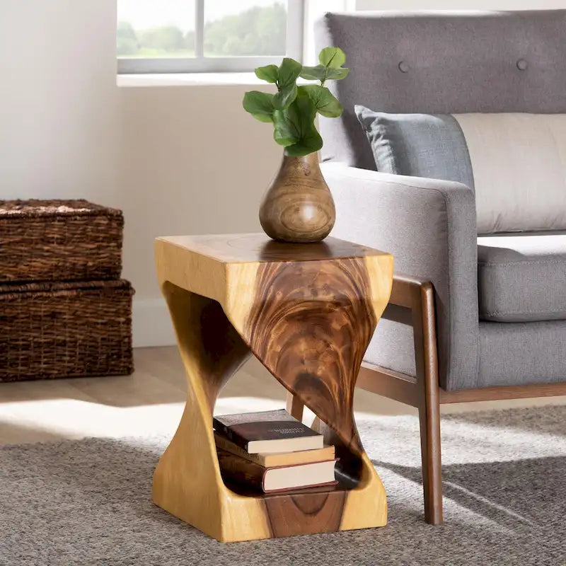 Rapha Hand-carved Suar Wood Side Table - Sculptural Accent Table with Twist Design, Modern Boho Style for Living Room or Bedroom