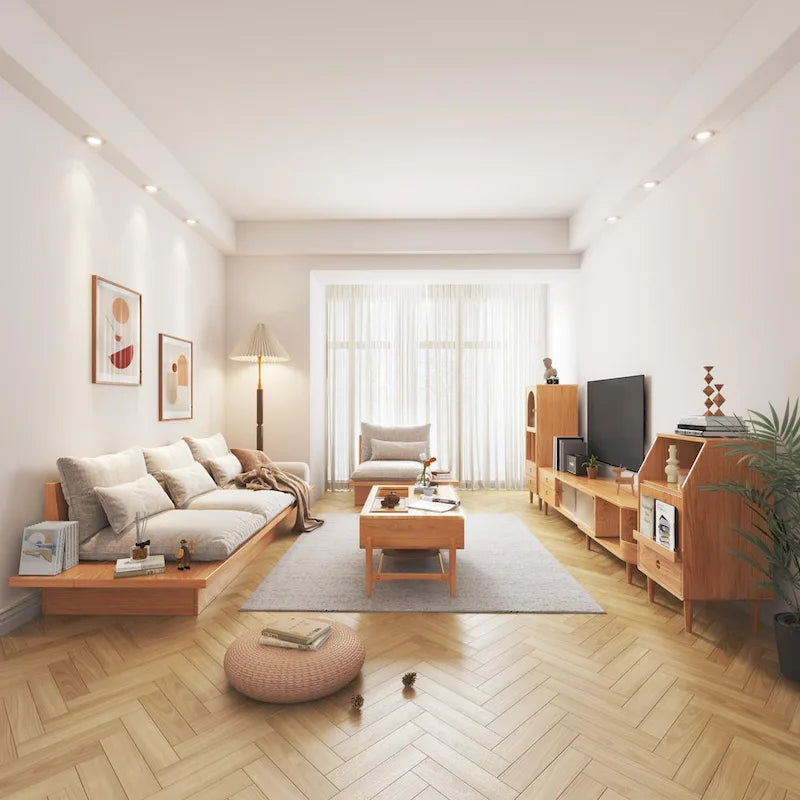 JASIWAY Cotton Line Beige Sofa With Wood Frame