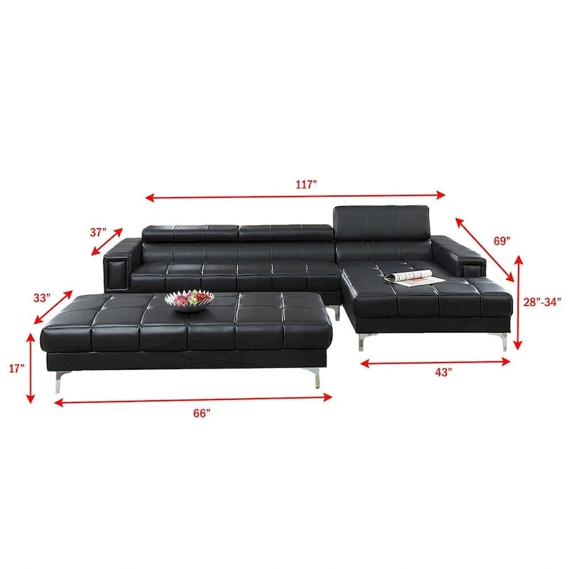 Bobkona Hayden Bonded Leather 2-Pcs Sectional Sofa Loveseat with Adjustable Back. Ottoman included