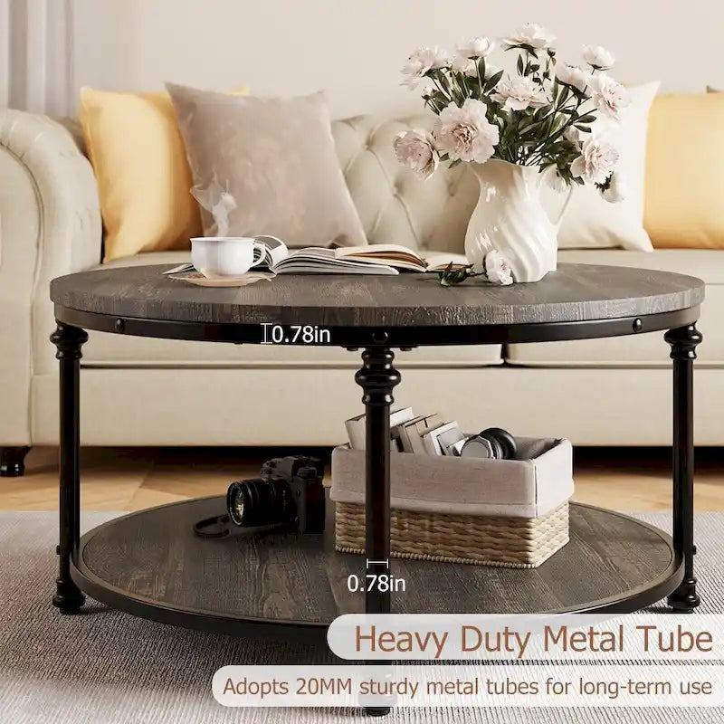 30.3in Wood Circle Coffee Table, with Storage Shelf, Metal Legs