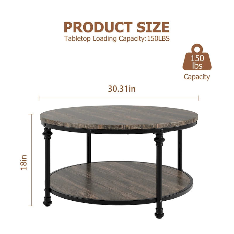 30.3in Wood Circle Coffee Table, with Storage Shelf, Metal Legs