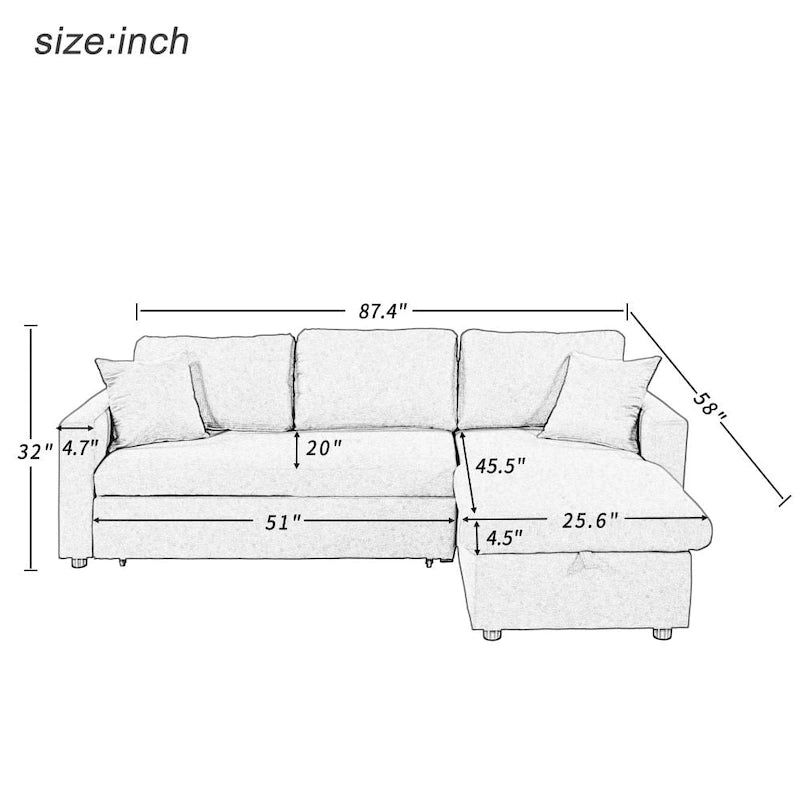 Upholstery Sleeper Sectional Sofa Grey with Storage Space, 2 Tossing Cushions
